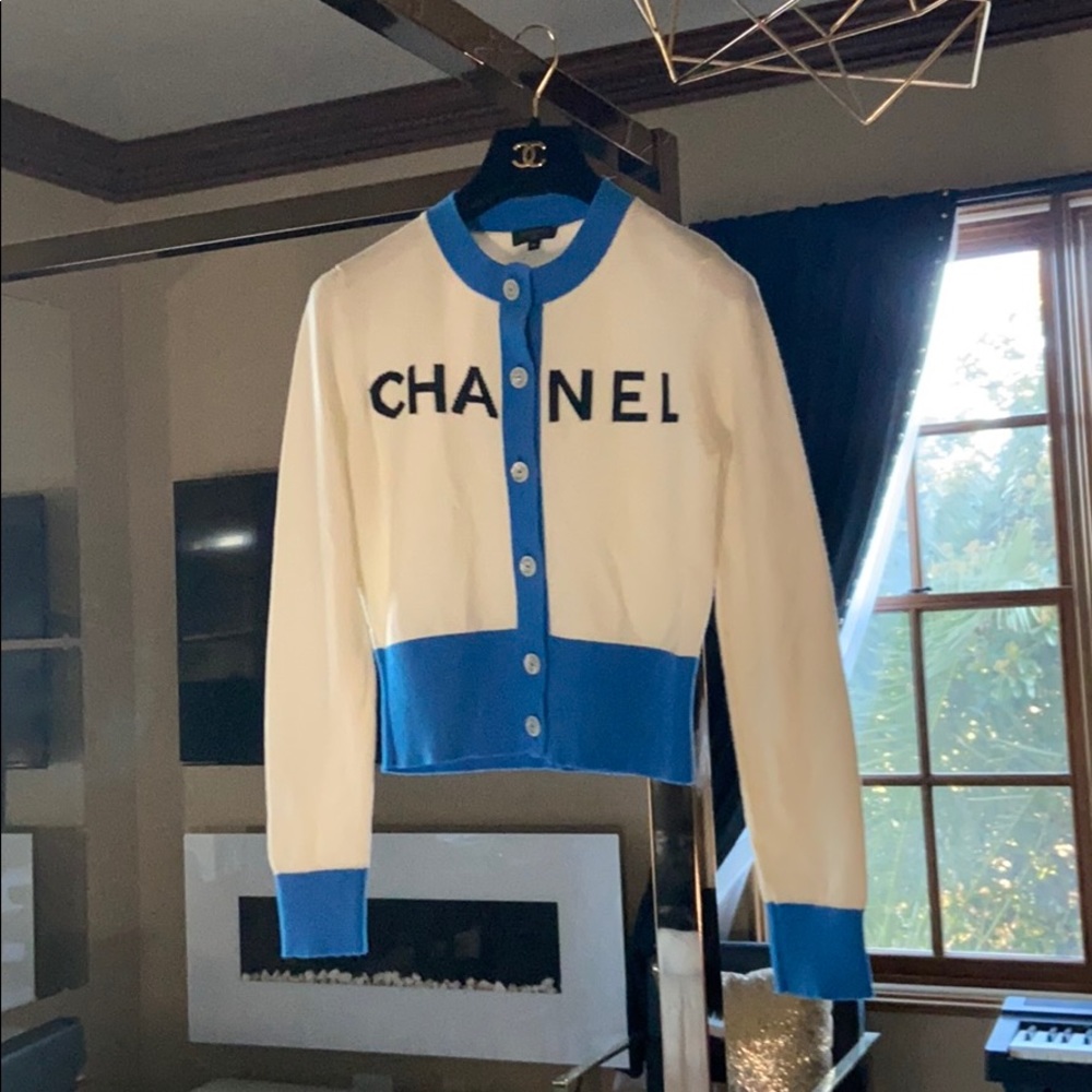 Chanel blue and white Logo cardigan sz 34